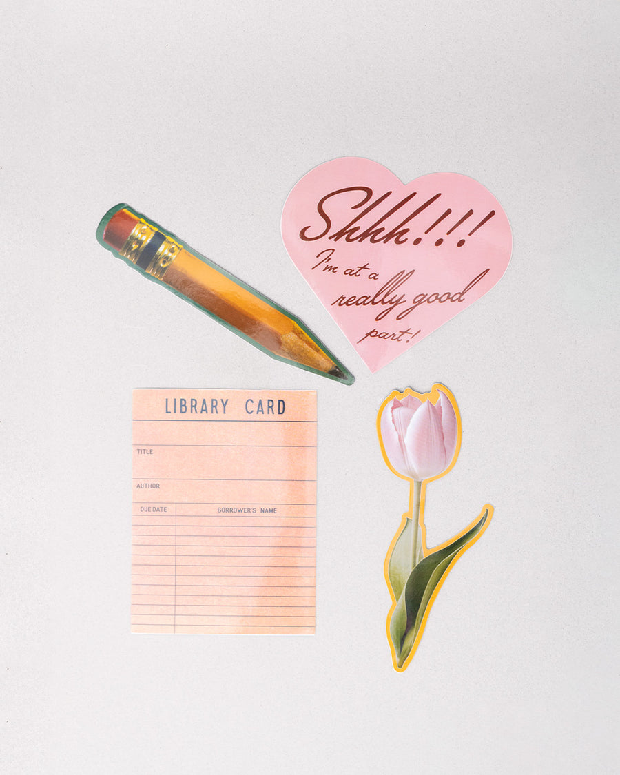 set of 4 big stickers: realistic pencil, realistic pink tulip, library card, and pink heart that says 'shhh!!! i'm at a really good part!