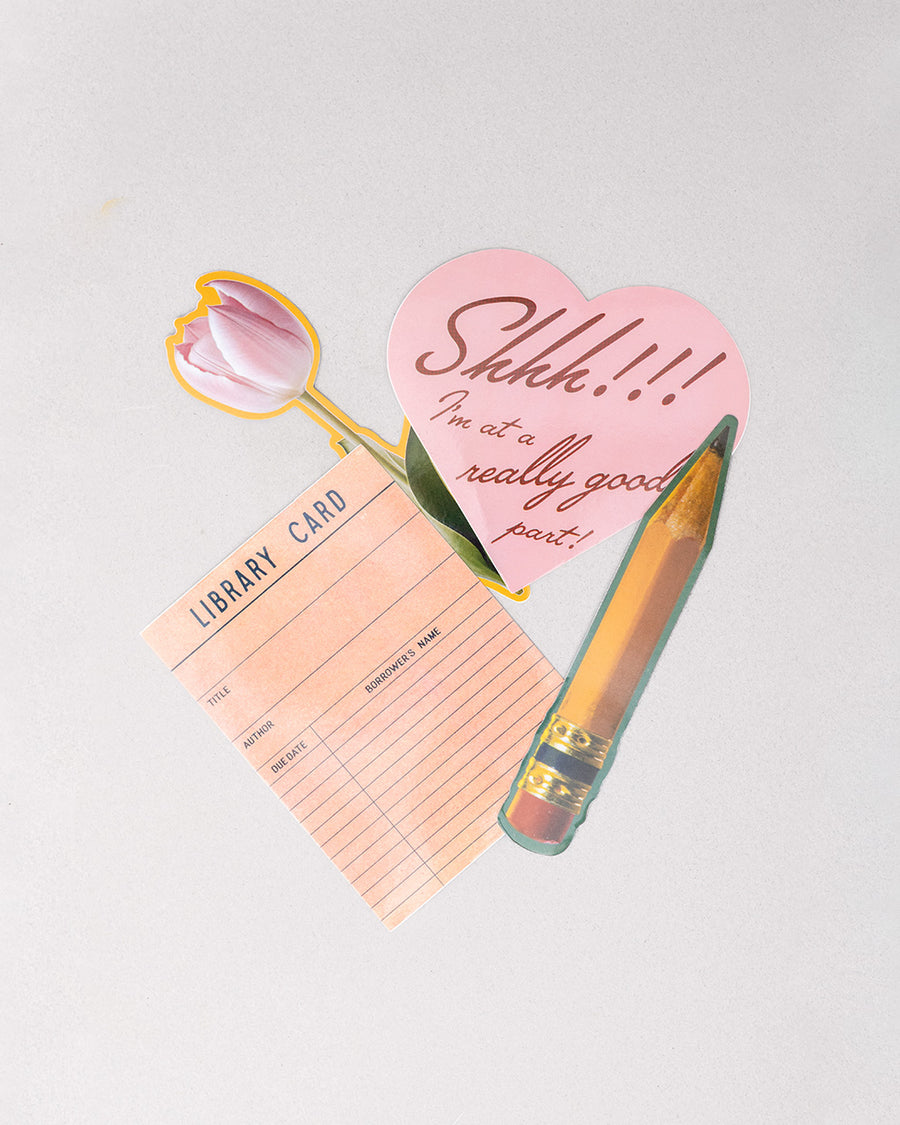 stacked set of 4 big stickers: realistic pencil, realistic pink tulip, library card, and pink heart that says 'shhh!!! i'm at a really good part!