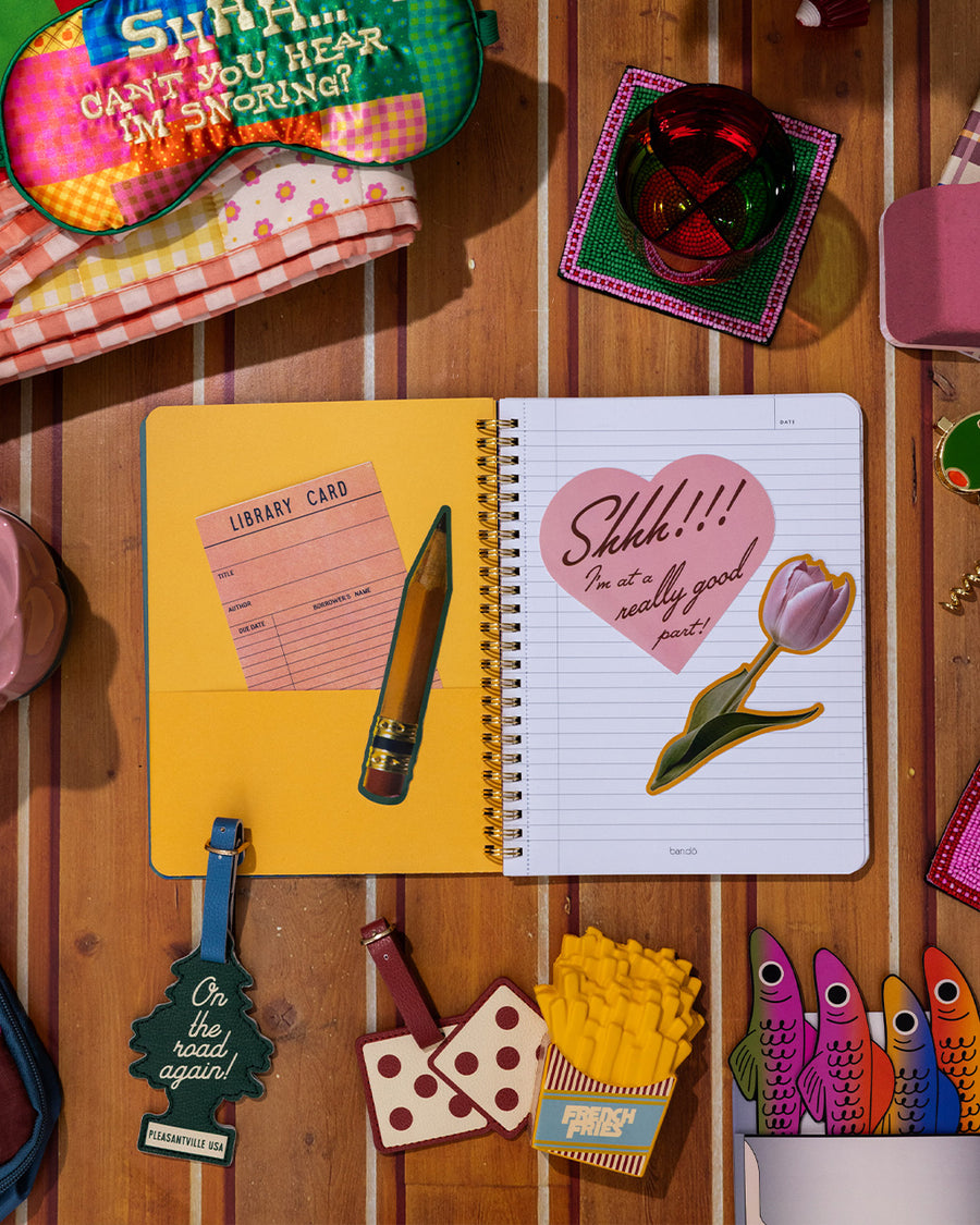 set of 4 big stickers: realistic pencil, realistic pink tulip, library card, and pink heart that says 'shhh!!! i'm at a really good part! in a notebook