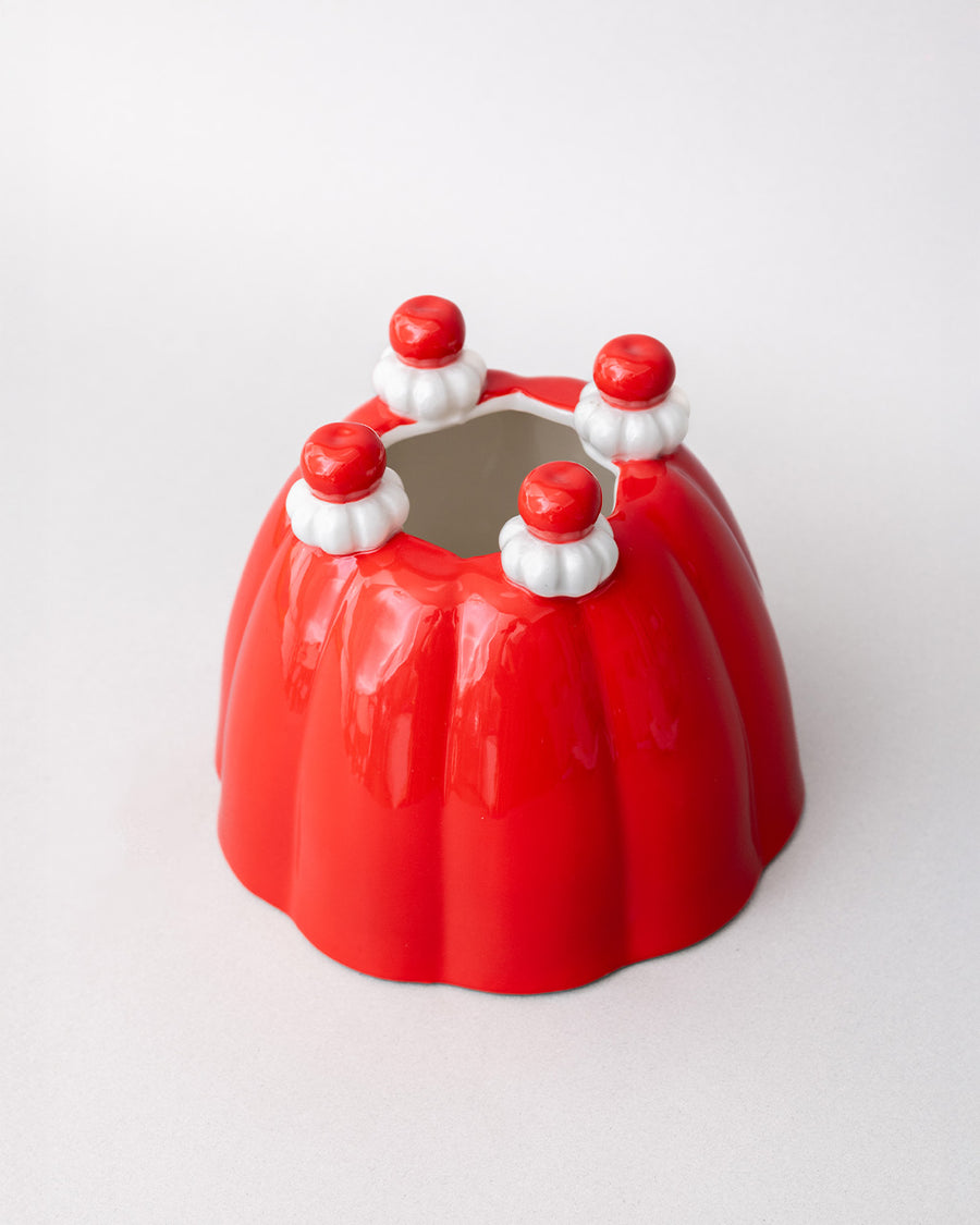top view of red jello mold vase/planter 