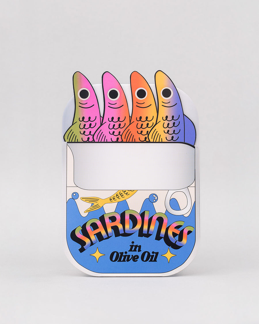 set of 4 colorful sardine bookmarks with 'sardines in olive oil can' holder
