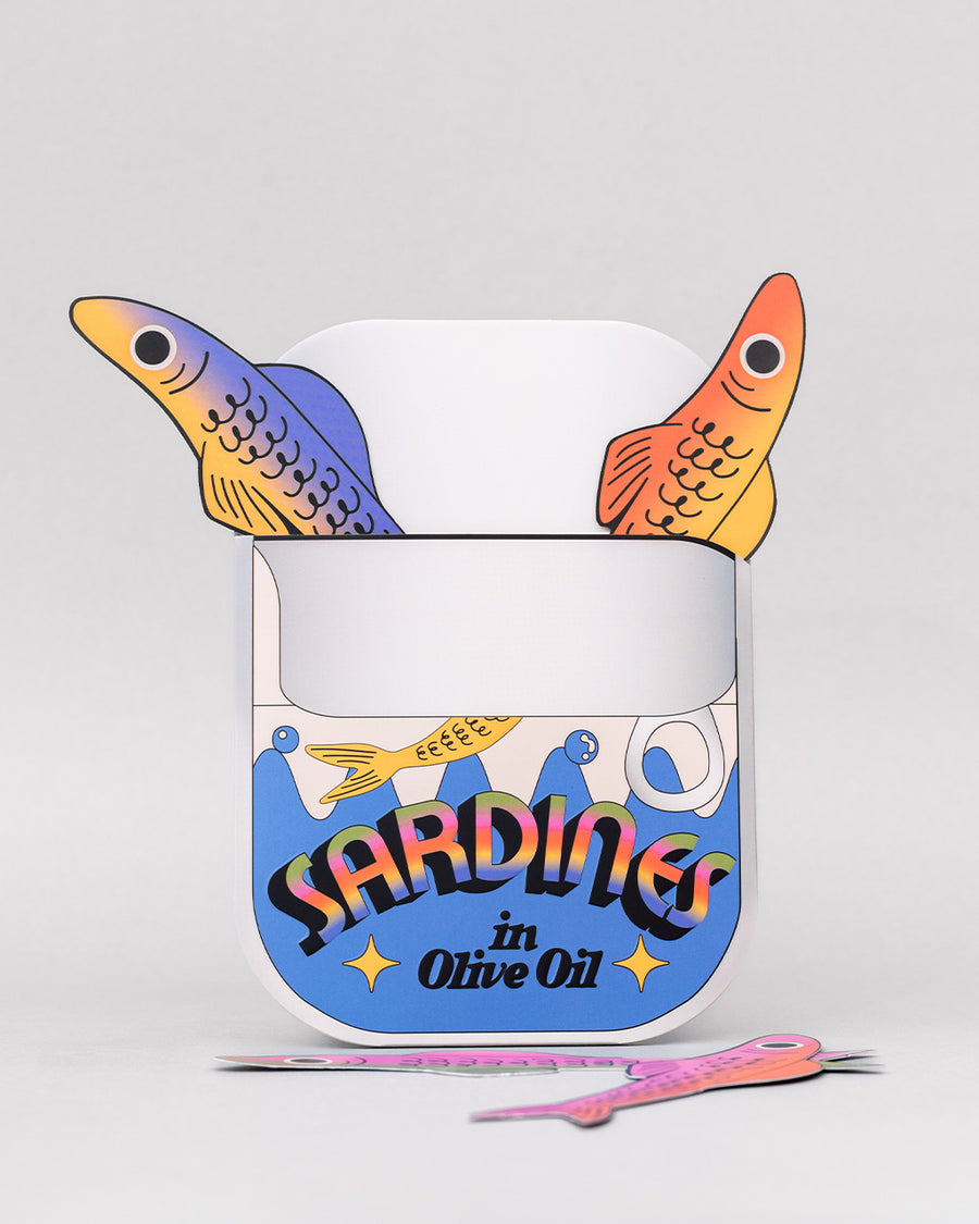 colorful sardine bookmarks with 'sardines in olive oil can' holder with 2 out of the package