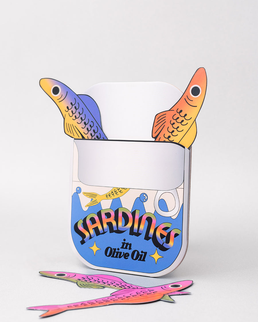 side view colorful sardine bookmarks with 'sardines in olive oil can' holder with 2 out of the package