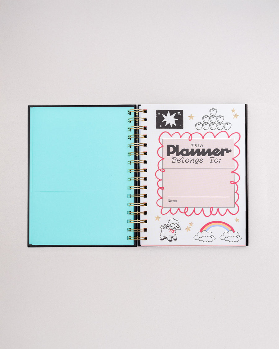 mint cover and 'this planner belongs to:' interior pages