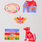 big vinyl sticker set: blue house, red folk dog, colorful butterfly, 'i'd rather be home reading' and ''home is where my books are' laid flat