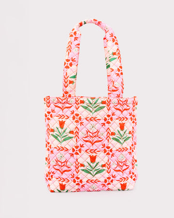 pink folk floral quilted tote bag