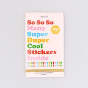 cream 500+ sticker book that says 'so so so many super duper cool stickers inside!!!!'
