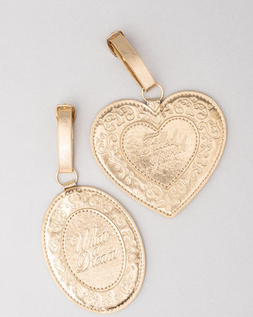 set of two gold metallic locket luggage tags