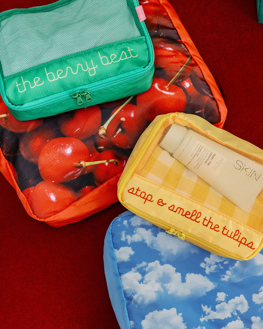 4 packing cubes with various sayings and realistic prints