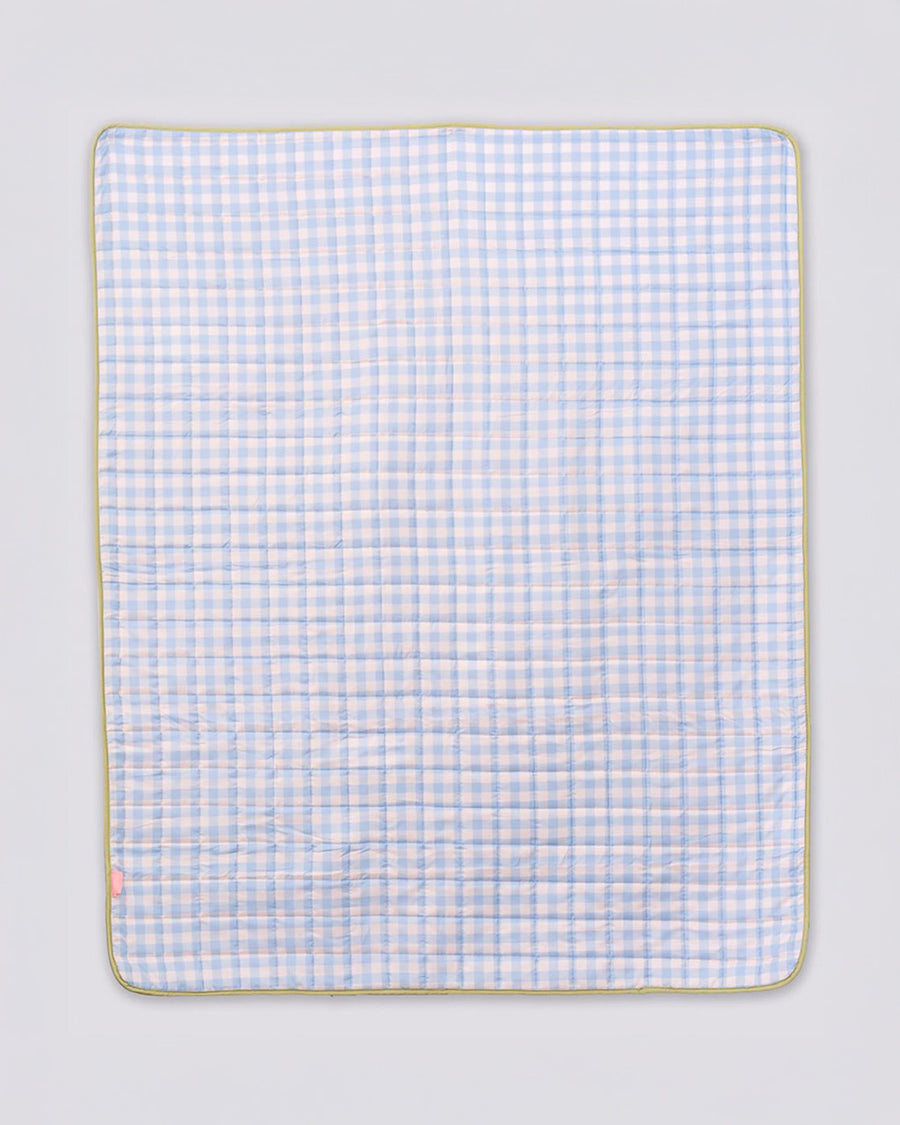 backview light blue and white gingham quilted blanket 