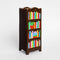 side view of brown bookshelf vase with colorful book shelves