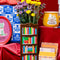 brown bookshelf vase with colorful book shelves with flowers inside on a red ground