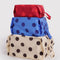 set of 3 3D zip set: red polka dot, blue polka dot, and cream with black polka dots