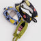 set of three 3D zip set pouches: chartreuse paisley, periwinkle golden pears, and black with winter gourd with items inside