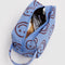 sky blue dopp kit with brown smiley print with items inside