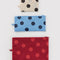 set of 3 polka dot go pouch set: cream with black dots, blue with dark blue dots and red with bright red dots