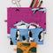 set of three flat pouches: small orange turtle, medium blue penguins and large fuchsia dolphins filled with various items