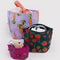 set of 3 go pouch set: small cherries, medium strawberries, and large carrots with items inside