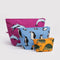set of three go pouches: small orange turtle, medium blue penguins and large fuchsia dolphins