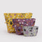 set of 3 wildwood go pouch set: grey floral, plum floral, and yellow floral