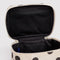 opened cream large cosmetic case with black polka dots
