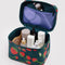 interior of dark green cosmetic case with all over strawberry print