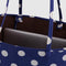 up close of navy large reversible tote with brown interior