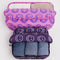 set of two packing cubes: medium deep purple with light blue smiley print and large pink with cobalt smiley print with items inside