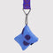 blue polka dot puffy earbud case hanging from a lanyard