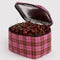 silver interior of pink tartan plaid lunch bag with cherries inside