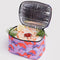 interior of purple, pink and orange lunch bag with purple dolphin print