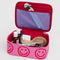 red interior of small cosmetic bag with bubblegum pink ground and hot pink smiley print with hygiene items inside