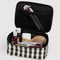black interior of black and white gingham small cosmetic case with hygiene items inside