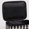black zippered pouch inside of black and white gingham small cosmetic case
