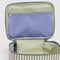 up close of sage and white vertical stripe small cosmetic bag