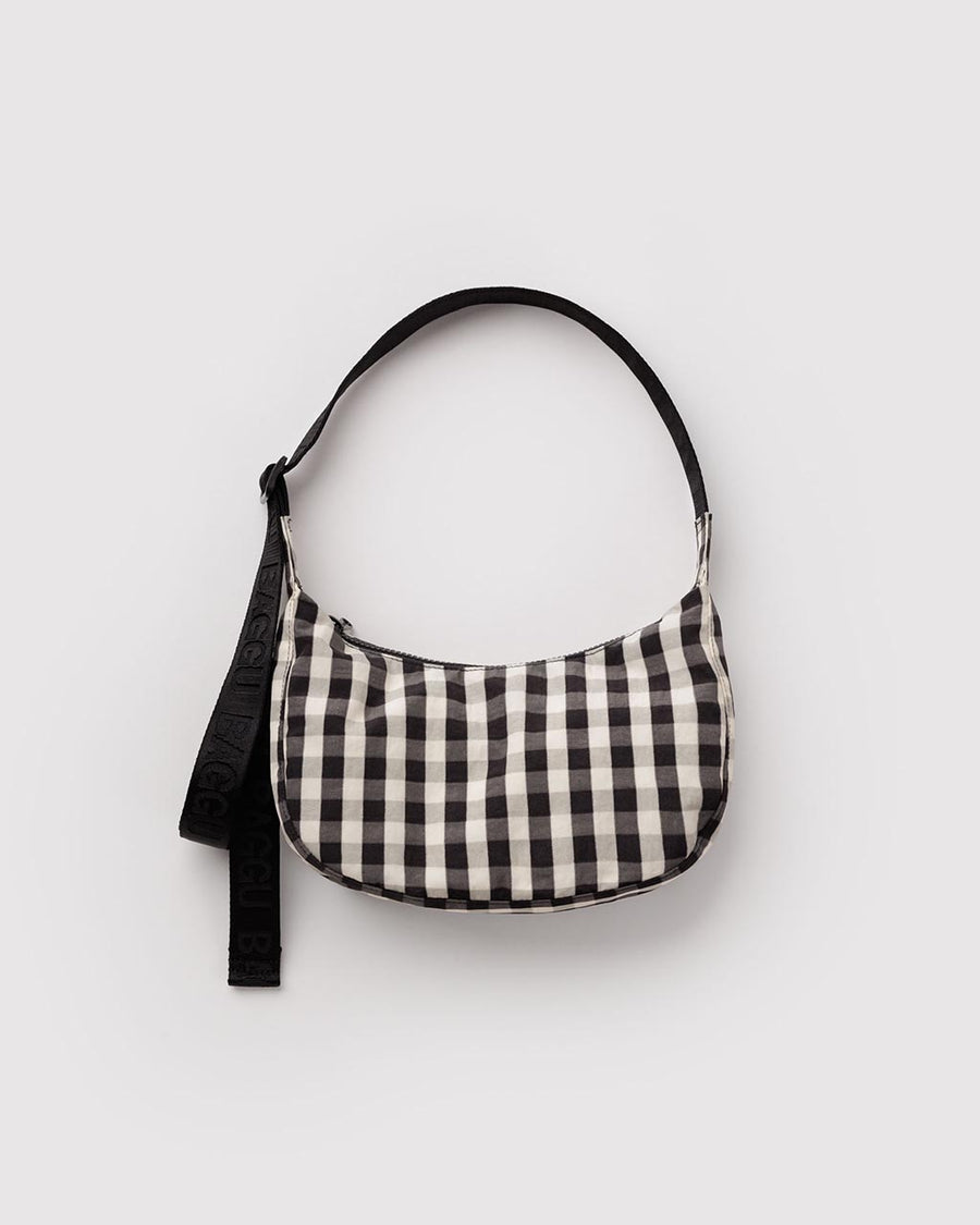 Small Nylon Crescent Bag w/ Key Leash - Black And Cream Gingham