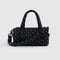 black small duffle bag with sky blue micro dot print