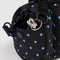 key leash of black small duffle bag with sky blue micro dot print