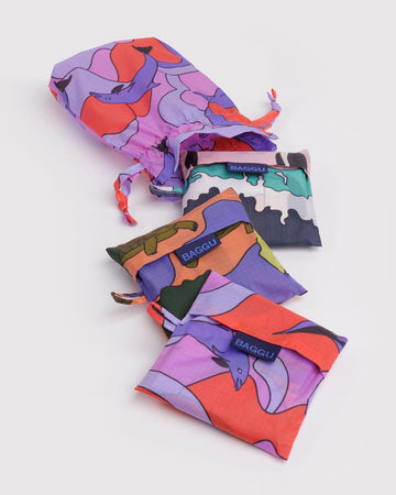 set of 3 standard baggu: multicolor penguins, orange turtle, and purple dolphins