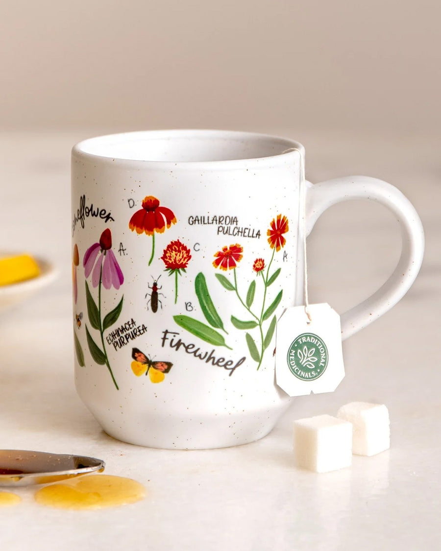 white ceramic coffee mug with colorful wildflower botanical print