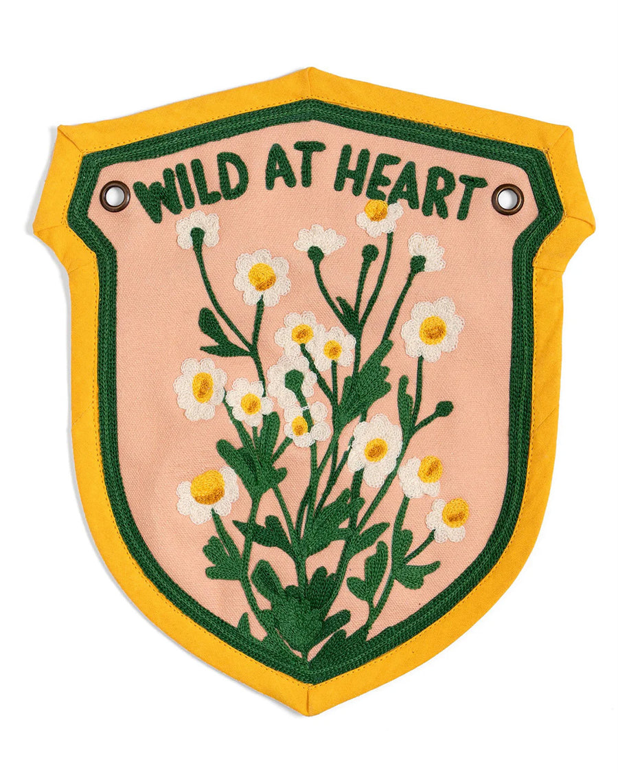 yellow, green and pink embroidered banner with wildflowers and 'wild at heart' across the top