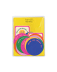 packaged set of 14 colorful circle and smiley square bookplates with 'from the library of" and 'this book belongs to' on the front