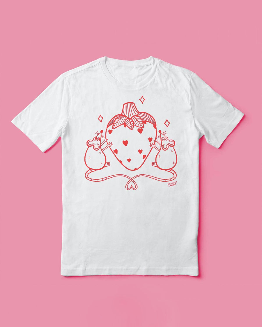 white tee with red strawberry and rat design