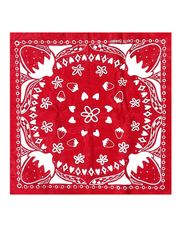red silk screened bandana with white strawberry design