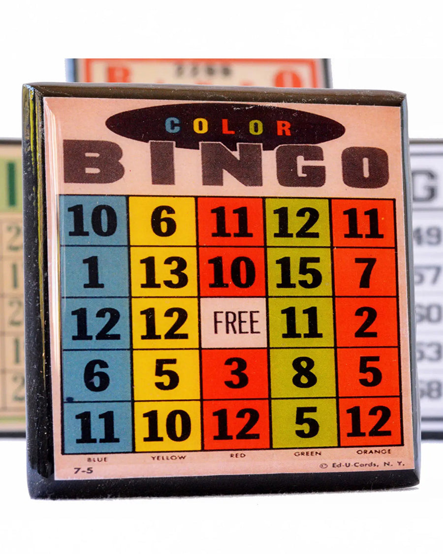 pink vintage bingo card coaster with blue, yellow, red, and lime green squares