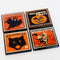 set of 4 orange vintage halloween coasters: witch, pumpkin, ghost and black cat
