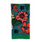 folded blue napkin with colorful abstract floral print with green trim along the edges