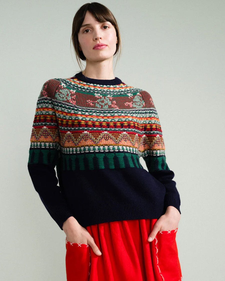 model wearing navy sweater with colorful fair isle print on the top half