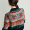 back view of model wearing navy sweater with colorful fair isle print on the top half