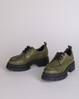 olive green leather tie shoes with black lug sole
